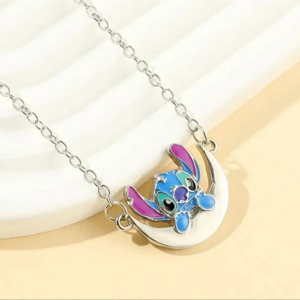 Disney Stitch Silver Multicolored Moon Necklace